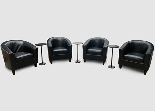 Black Leather Tub Chairs with Black Pedestals