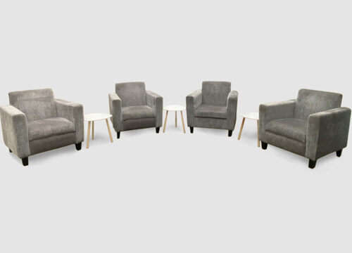 Grey Fabric Armchairs with Teardrop Side Tables